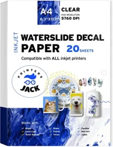 Printers Jack Water Slide Decal Paper Inkjet 20 Sheets A4 Size Premium Water Slide Transfer Paper Clear Transparent Printable Waterslide Paper for Tumblers, Mugs, Glasses DIY